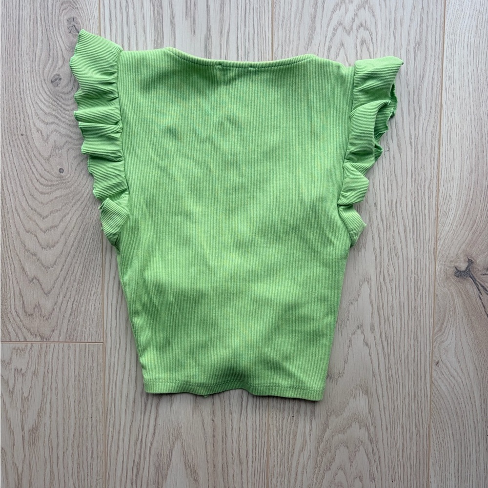 2/$10 ZARA Green Ribbed Ruffle Sleeve Ruched Drawstring Crop Top Size S - Picture 5 of 5